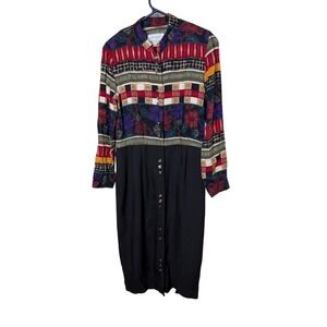 Enge Collection Vintage 90s Mixed Print Button Front Midi Dress Womens Size 8